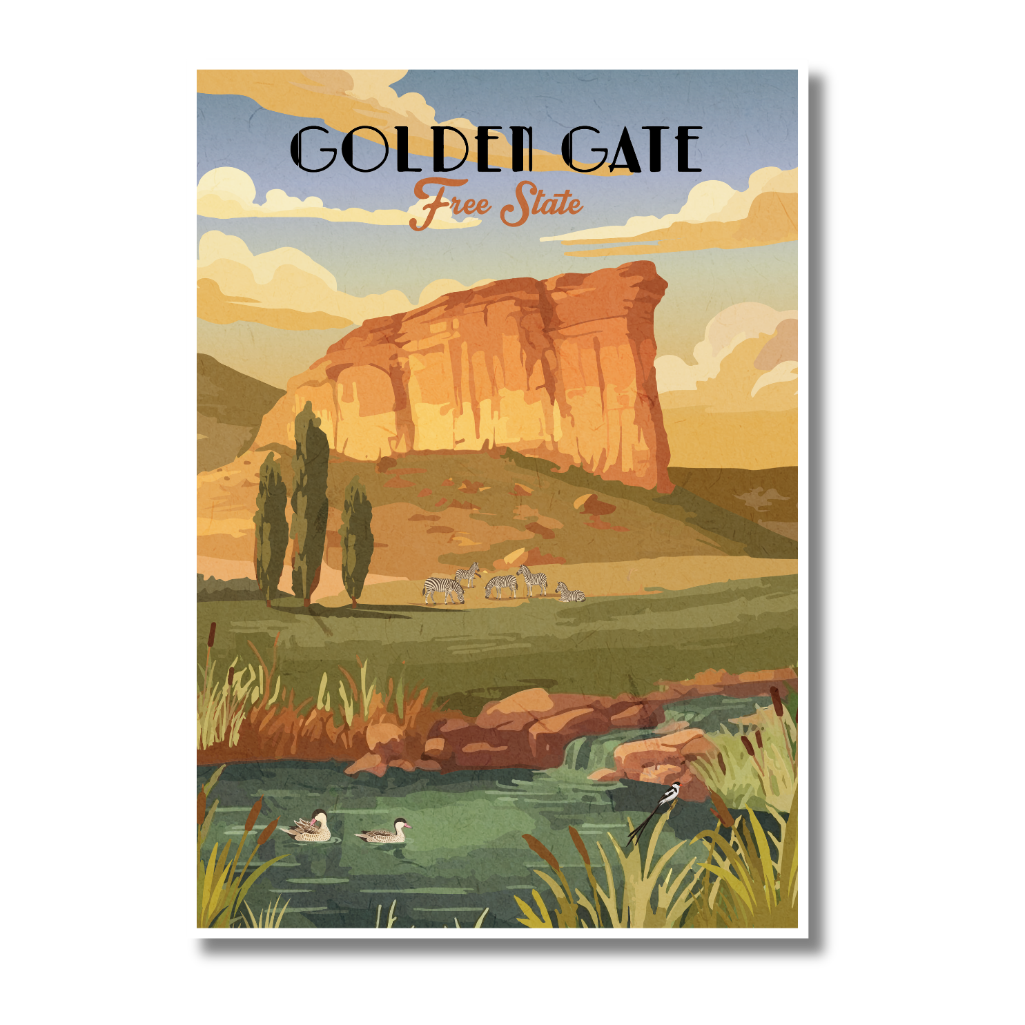 A vintage-style travel poster of Golden Gate, Free State, featuring a large rock formation above a river with ducks in the foreground, shown against a white background with a drop shadow.