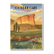 A vintage-style travel poster of Golden Gate, Free State, featuring a large rock formation above a river with ducks in the foreground, shown against a white background with a drop shadow.