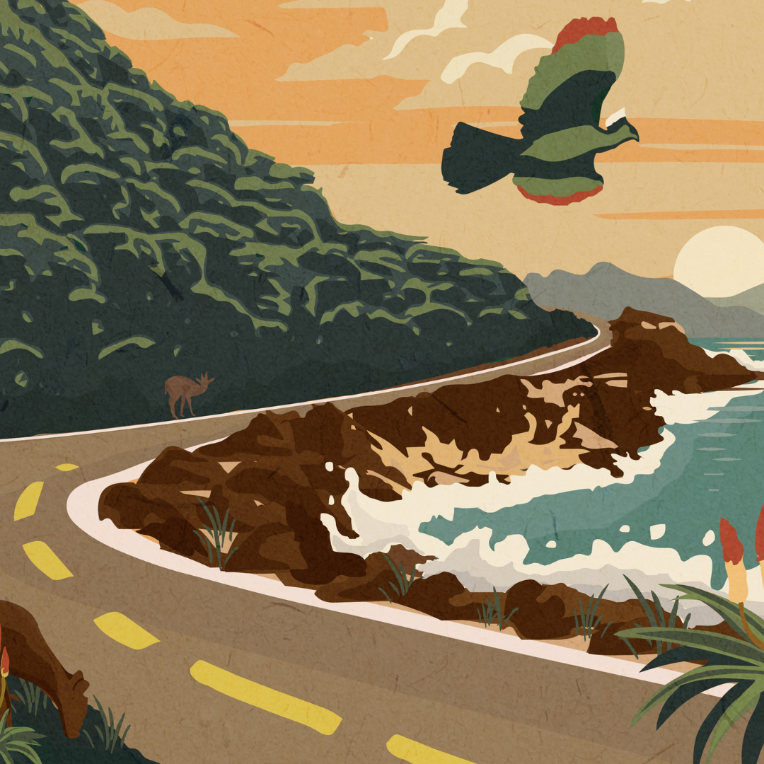 Illustrated Garden Route travel poster featuring South Africa’s scenic coastline, forests, and mountains – vibrant wall art ideal for home decor, road trip lovers, and nature-inspired spaces.