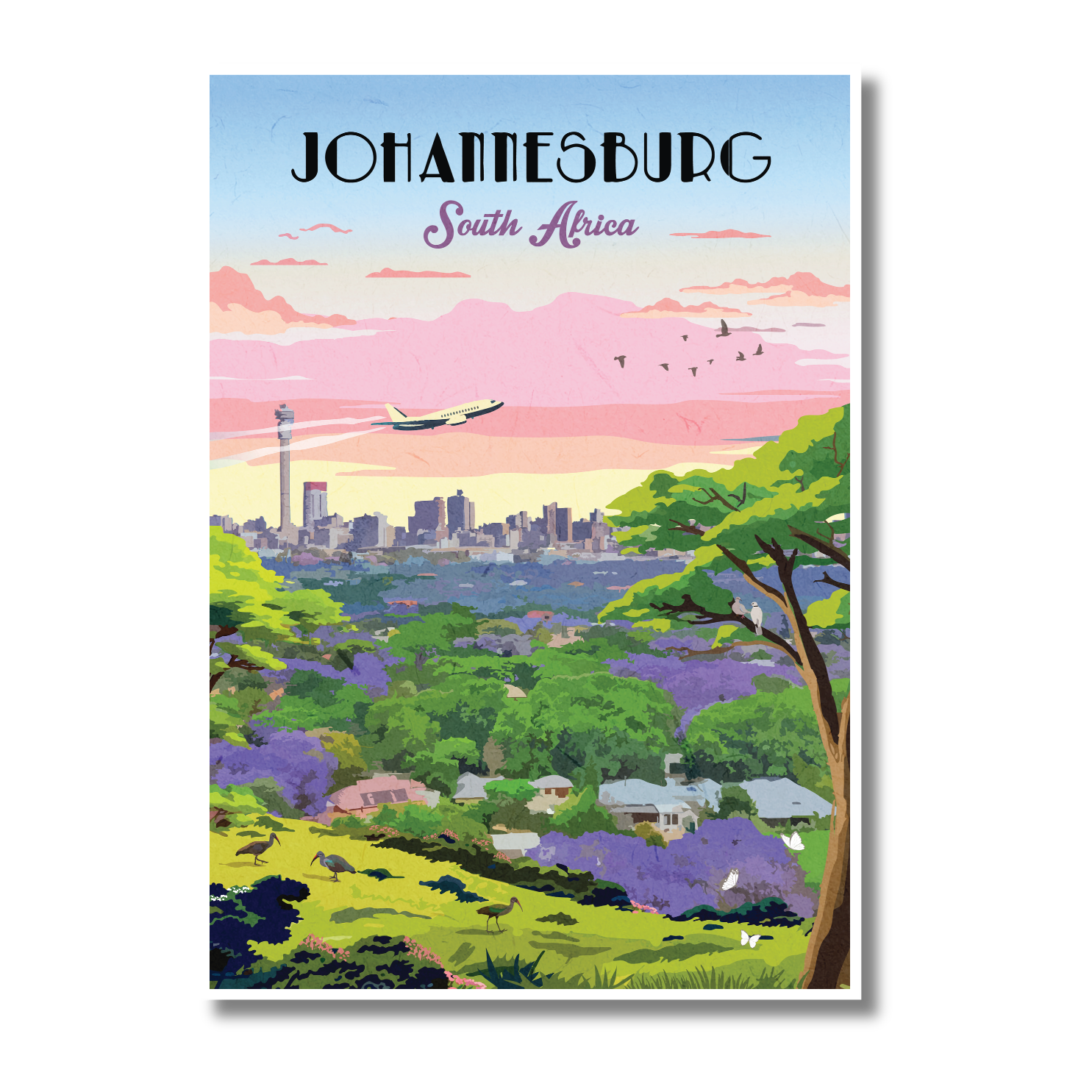 A travel poster print of Johannesburg, South Africa, featuring a colorful retro-style illustration of the city skyline, a flying airplane, and lush green hills with purple jacarandas under a pink and blue sky.