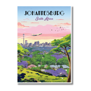 A travel poster print of Johannesburg, South Africa, featuring a colorful retro-style illustration of the city skyline, a flying airplane, and lush green hills with purple jacarandas under a pink and blue sky.