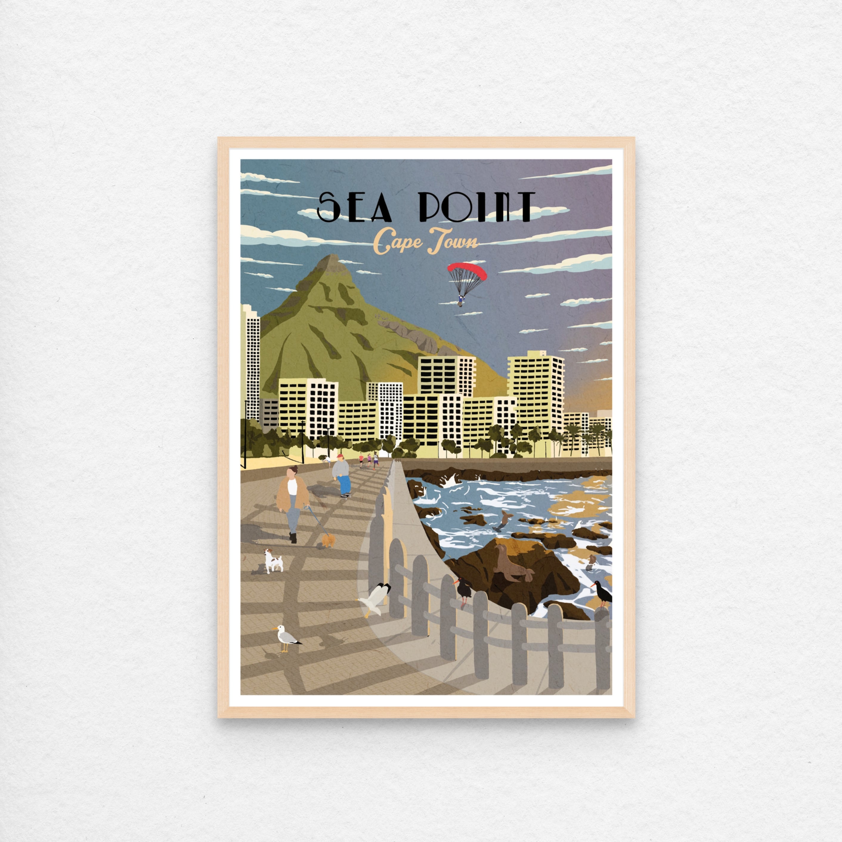 Sea Point travel poster natural wood frame