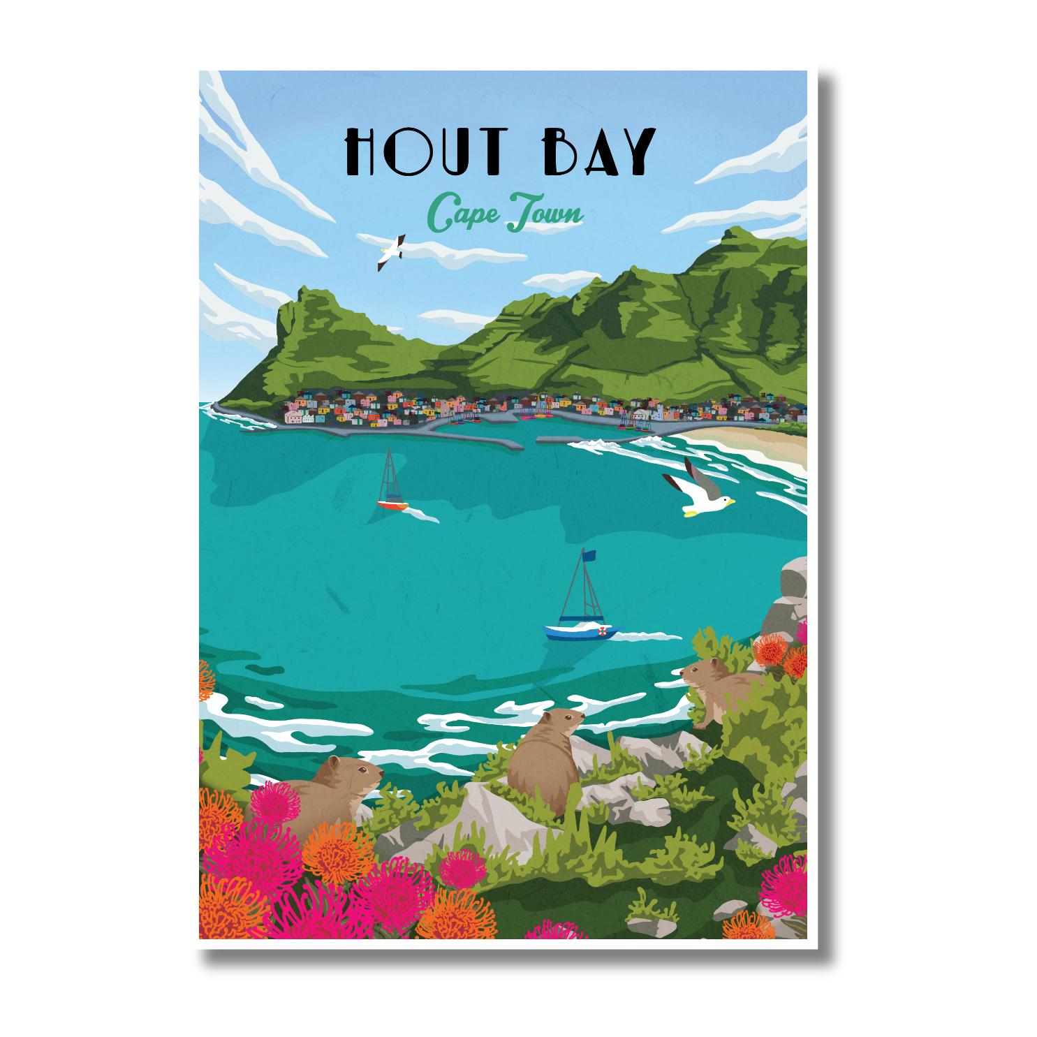 A stylized travel poster of Hout Bay, Cape Town, featuring turquoise water, green mountains, sailboats, dassies, and proteas 