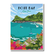 A stylized travel poster of Hout Bay, Cape Town, featuring turquoise water, green mountains, sailboats, dassies, and proteas 