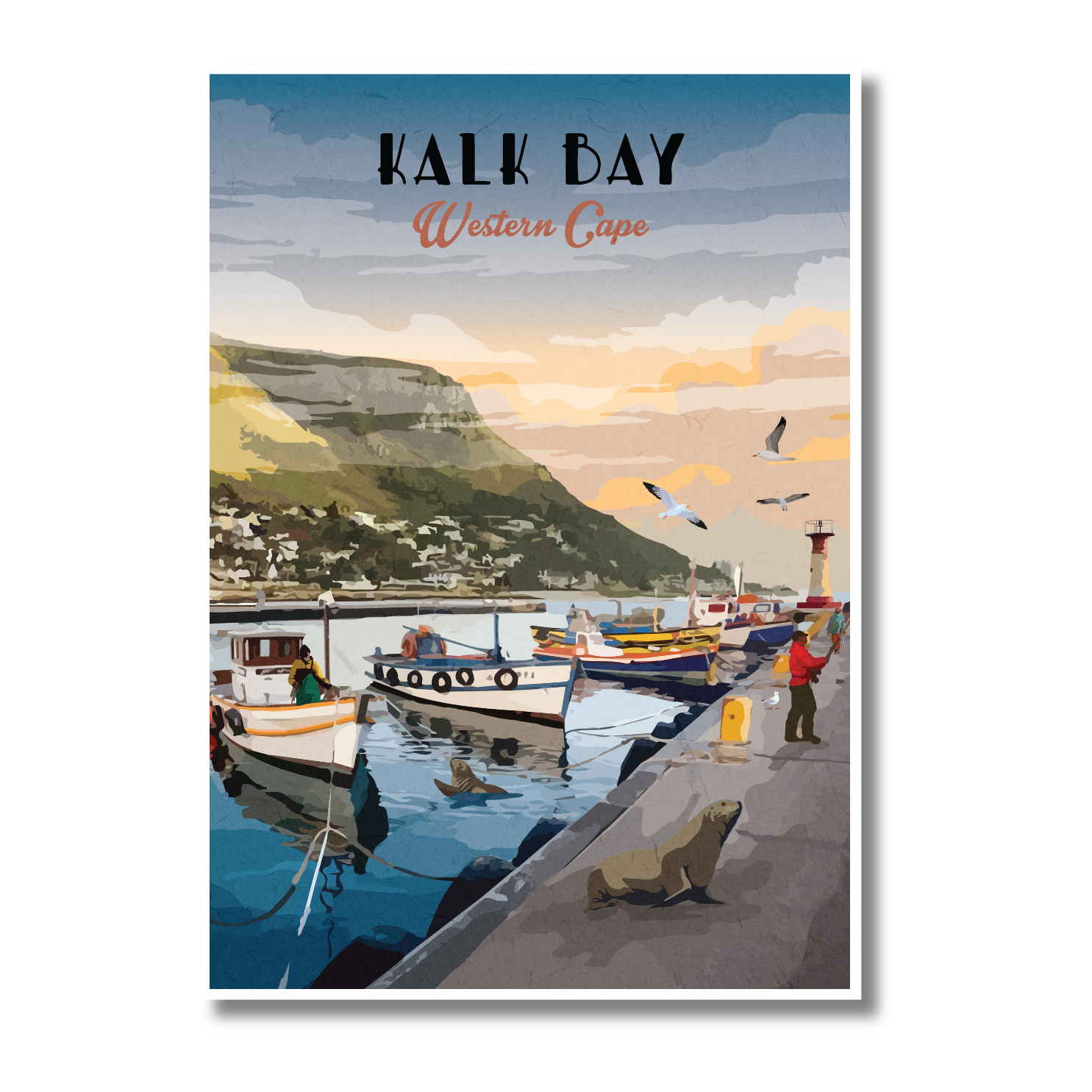 A vintage-style travel poster of Kalk Bay, Western Cape, featuring a harbor scene with fishing boats, a lighthouse, a seated seal on the pier