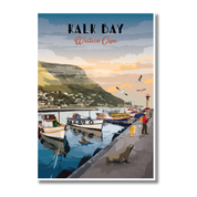 A vintage-style travel poster of Kalk Bay, Western Cape, featuring a harbor scene with fishing boats, a lighthouse, a seated seal on the pier