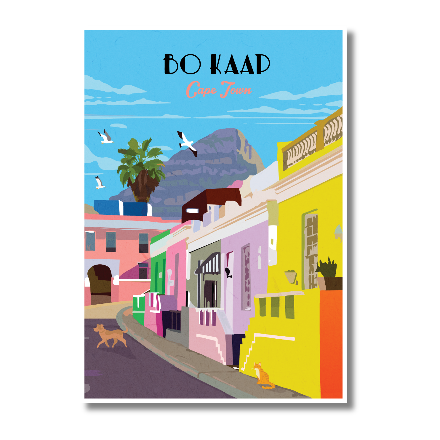 A colorful illustrated poster or print showing a street scene in Cape Town with pastel buildings, Lions Head in the background, birds, a palm tree, and the text 'BO KAAP' and 'Cape Town' at the top.