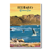 A travel-style poster showing a coastal landscape with mountains, blue water, whales, birds, and the text 'HERMANUS Western Cape' at the top