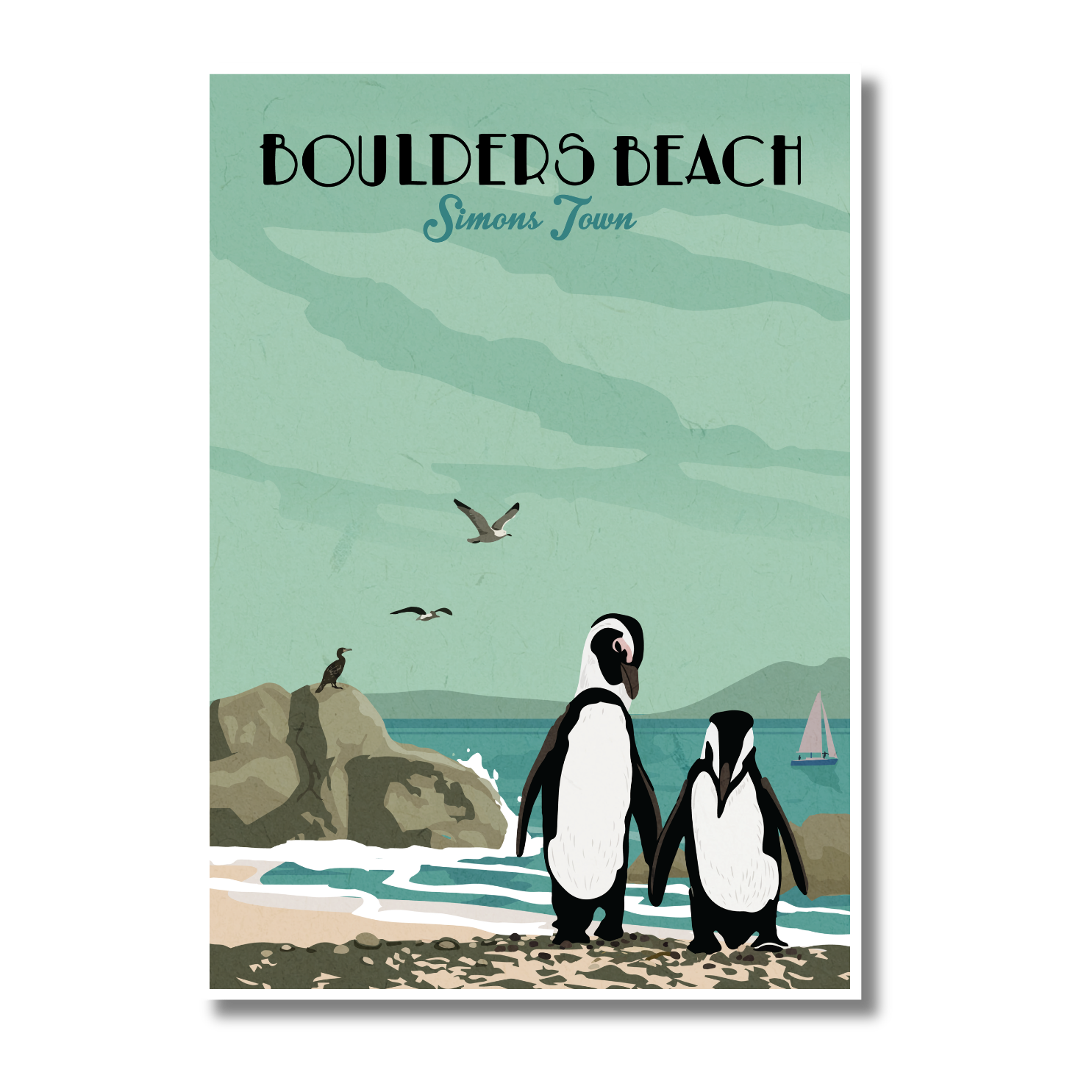 A retro-style travel poster for Boulders Beach, Simons Town, featuring two penguins on a sandy beach with rocks, birds, and a sailboat under a muted green sky.