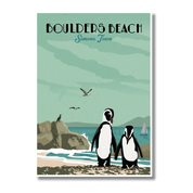 A retro-style travel poster for Boulders Beach, Simons Town, featuring two penguins on a sandy beach with rocks, birds, and a sailboat under a muted green sky.