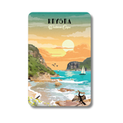 Magnet with a scenic illustration of a coastal landscape, sunset, and sailboat, in Knysna