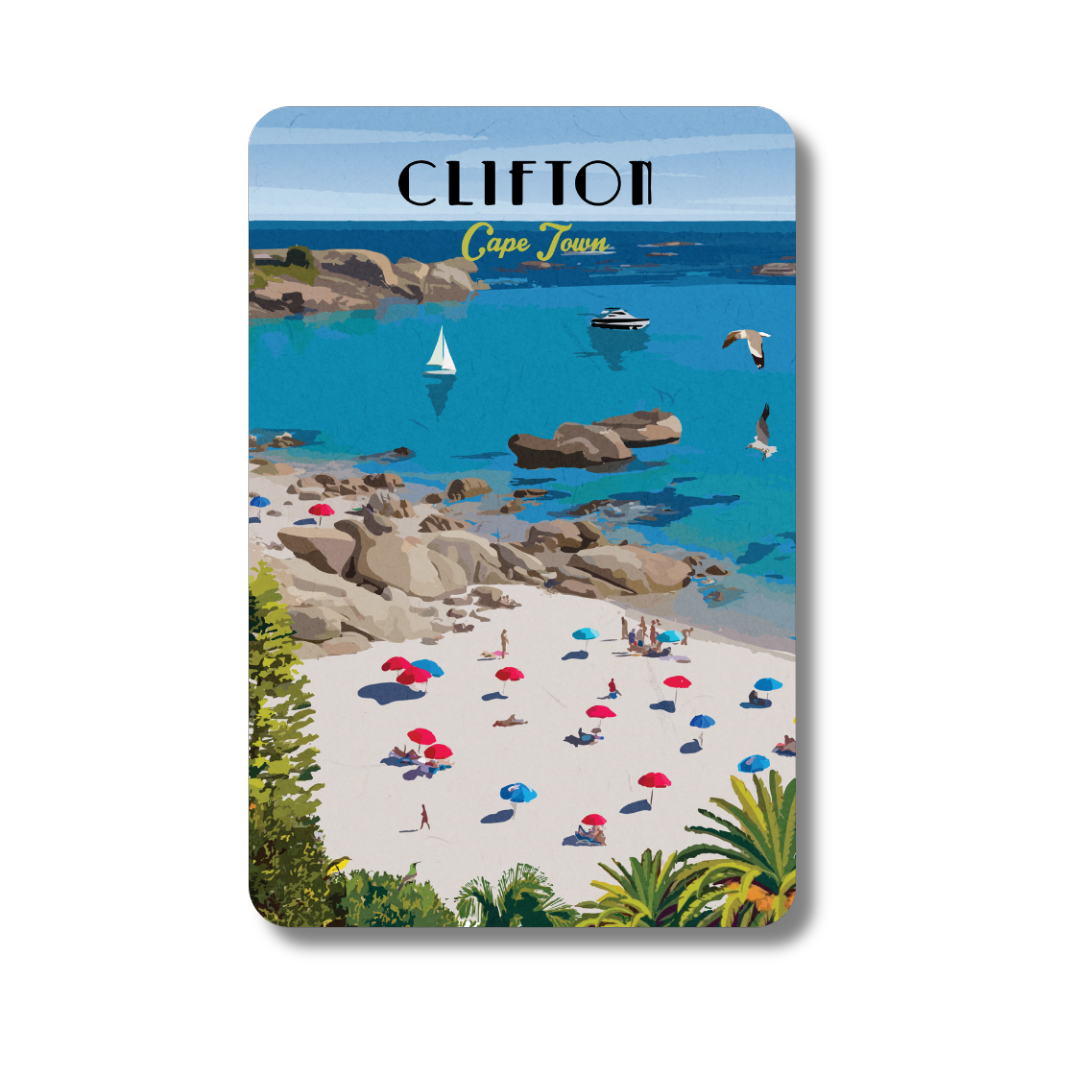 Magnet with a scenic view of Clifton Beach in Cape Town, featuring a beach, ocean, and rocky landscape.