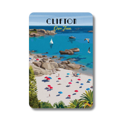 Magnet with a scenic view of Clifton Beach in Cape Town, featuring a beach, ocean, and rocky landscape.