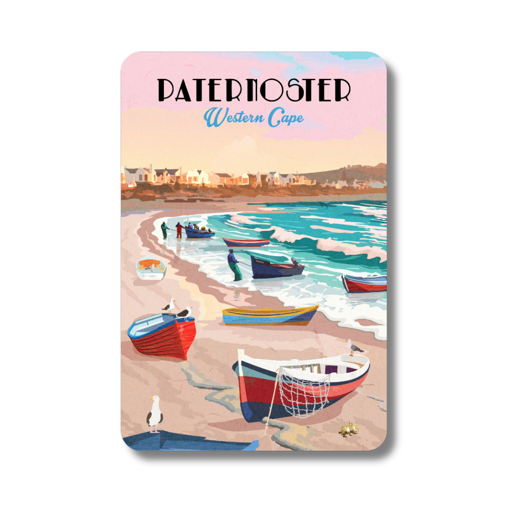 Magnet with a beach scene and boats, featuring the Paternoster