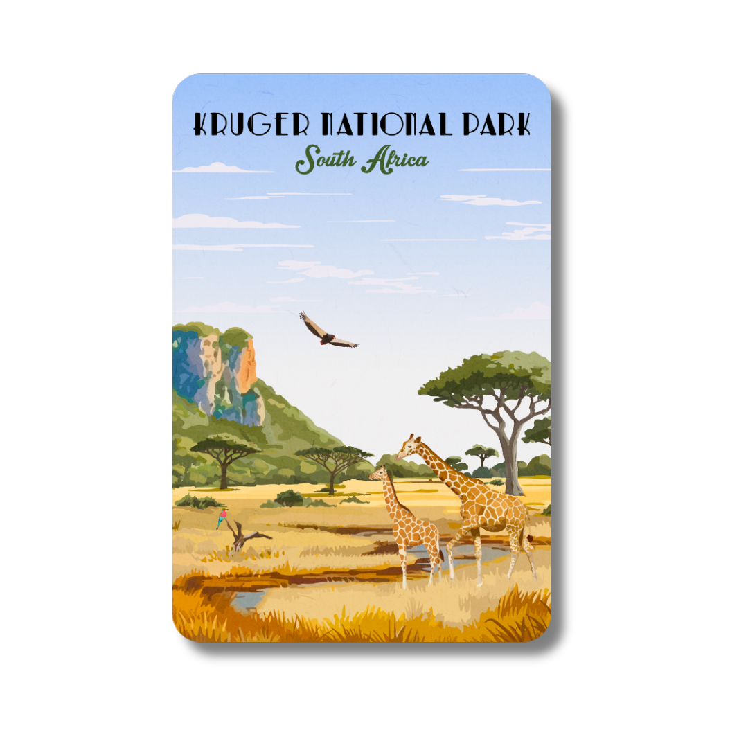 Magnet with illustration of Kruger National Park, South Africa, featuring giraffes and other wildlife.