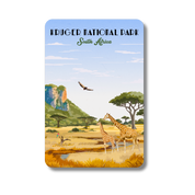 Magnet with illustration of Kruger National Park, South Africa, featuring giraffes and other wildlife.