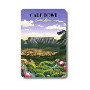 Magnet with a scenic view of Cape Town, South Africa, featuring mountains and a cityscape.
