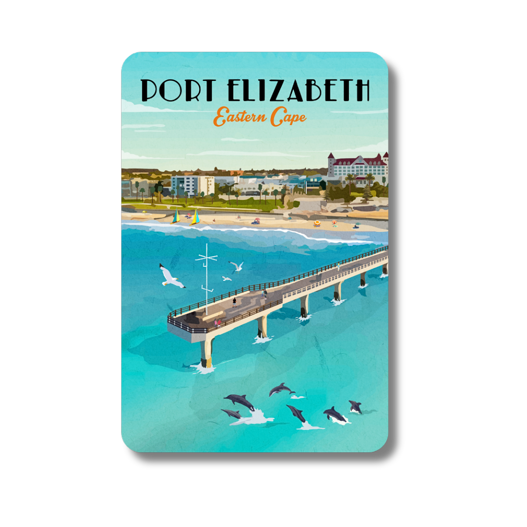 Fridge magnet with a scenic view of Port Elizabeth, Eastern Cape, featuring a pier and dolphins.