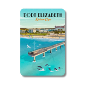 Fridge magnet with a scenic view of Port Elizabeth, Eastern Cape, featuring a pier and dolphins.