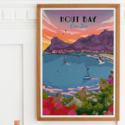 Hout Bay sunset art print – illustrated coastal wall art featuring vibrant sunset over mountains and harbour, perfect for home decor.