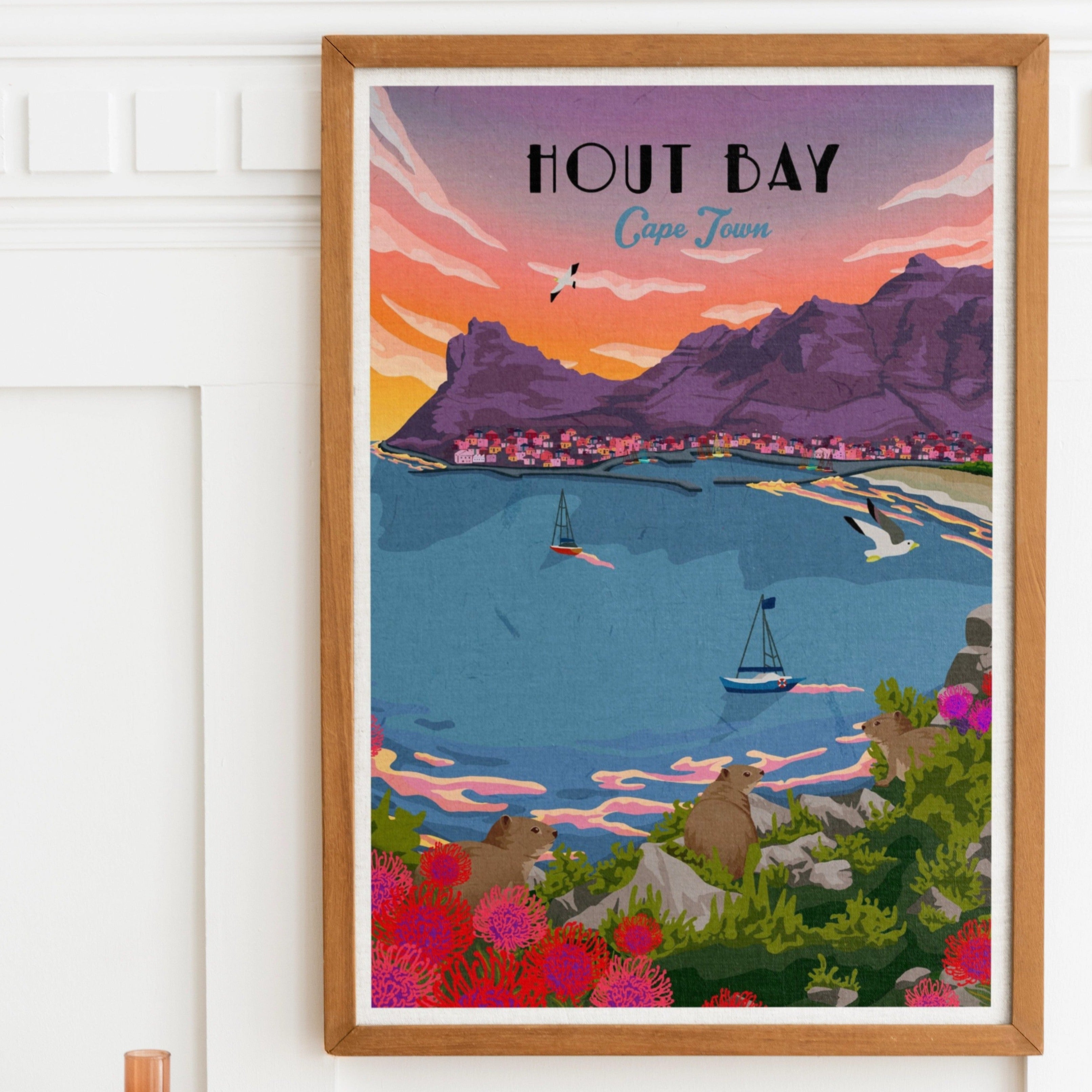 Hout Bay sunset art print – illustrated coastal wall art featuring vibrant sunset over mountains and harbour, perfect for home decor.