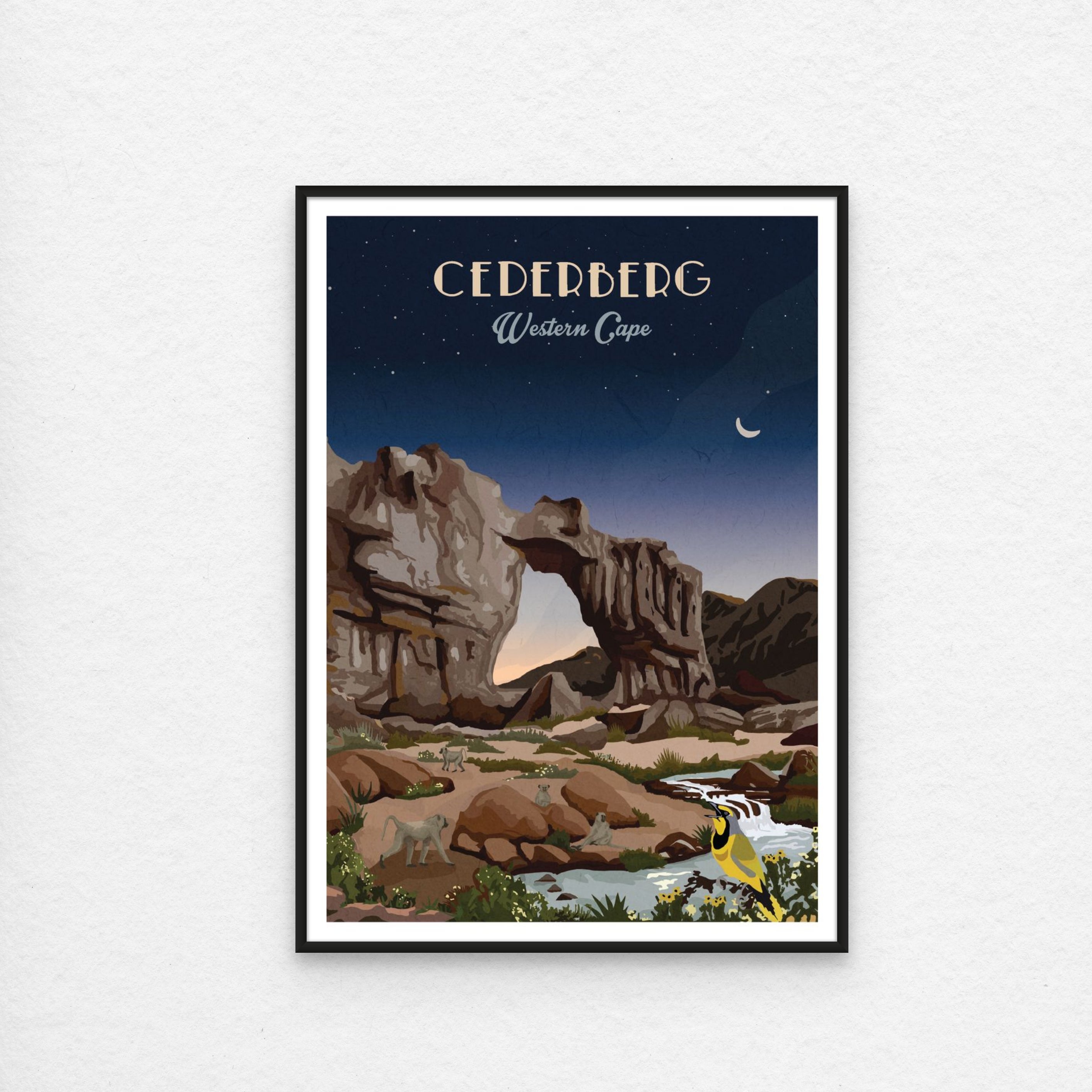 Illustrated Cederberg poster featuring South Africa’s rocky mountains and rugged landscapes – nature-inspired wall art perfect for home decor, hiking lovers, and travel enthusiasts. Cederberg poster with black frame