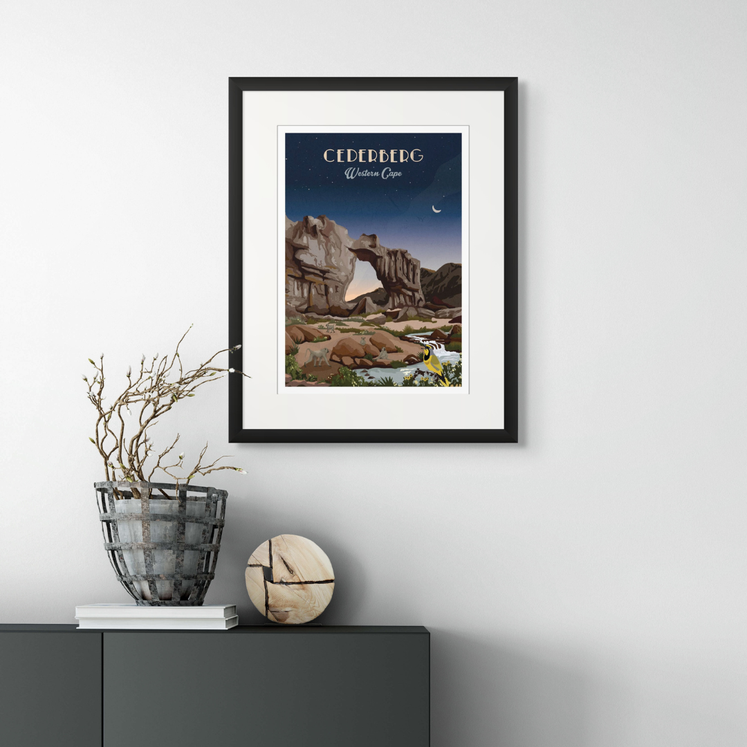 Illustrated Cederberg poster featuring South Africa’s rocky mountains and rugged landscapes – nature-inspired wall art perfect for home decor, hiking lovers, and travel enthusiasts.