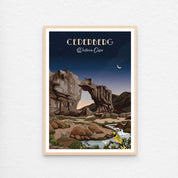 Cederberg poster with natural wood frame. Illustrated Cederberg poster featuring South Africa’s rocky mountains and rugged landscapes – nature-inspired wall art perfect for home decor, hiking lovers, and travel enthusiasts.