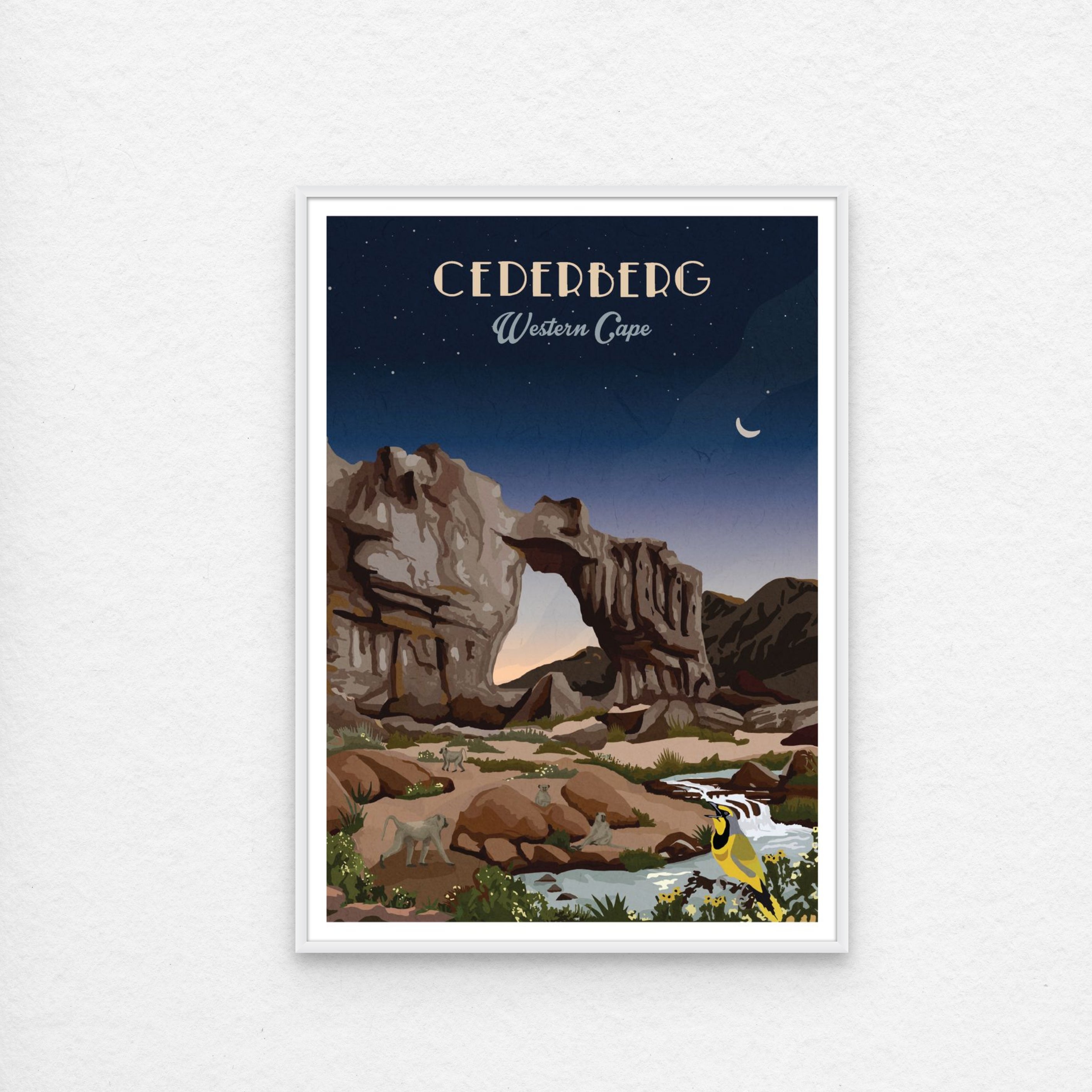 Illustrated Cederberg poster featuring South Africa’s rocky mountains and rugged landscapes – nature-inspired wall art perfect for home decor, hiking lovers, and travel enthusiasts. Cederberg poster with white frame