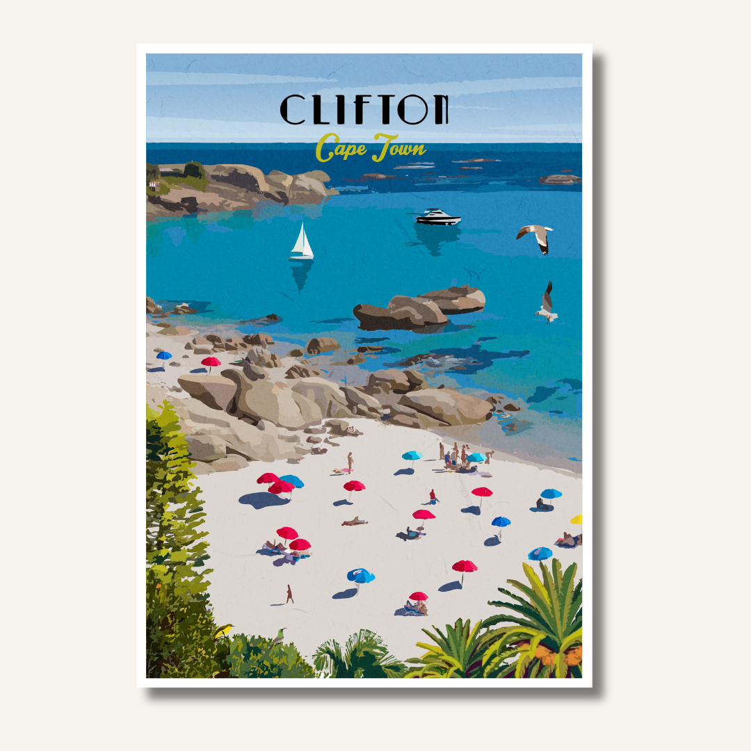 Clifton travel poster artwork featuring Cape Town’s iconic beaches and turquoise waters – South African wall art ideal for coastal home decor and beach lovers.