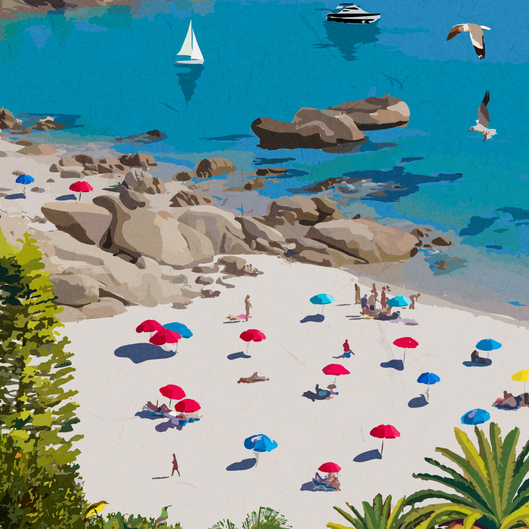 Clifton travel poster artwork featuring Cape Town’s iconic beaches and turquoise waters – South African wall art ideal for coastal home decor and beach lovers.