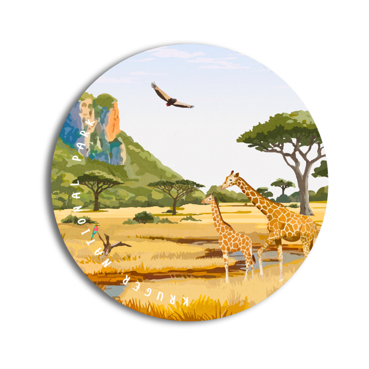 Round coaster with a scenic design of giraffes, trees, and mountains on a white background
