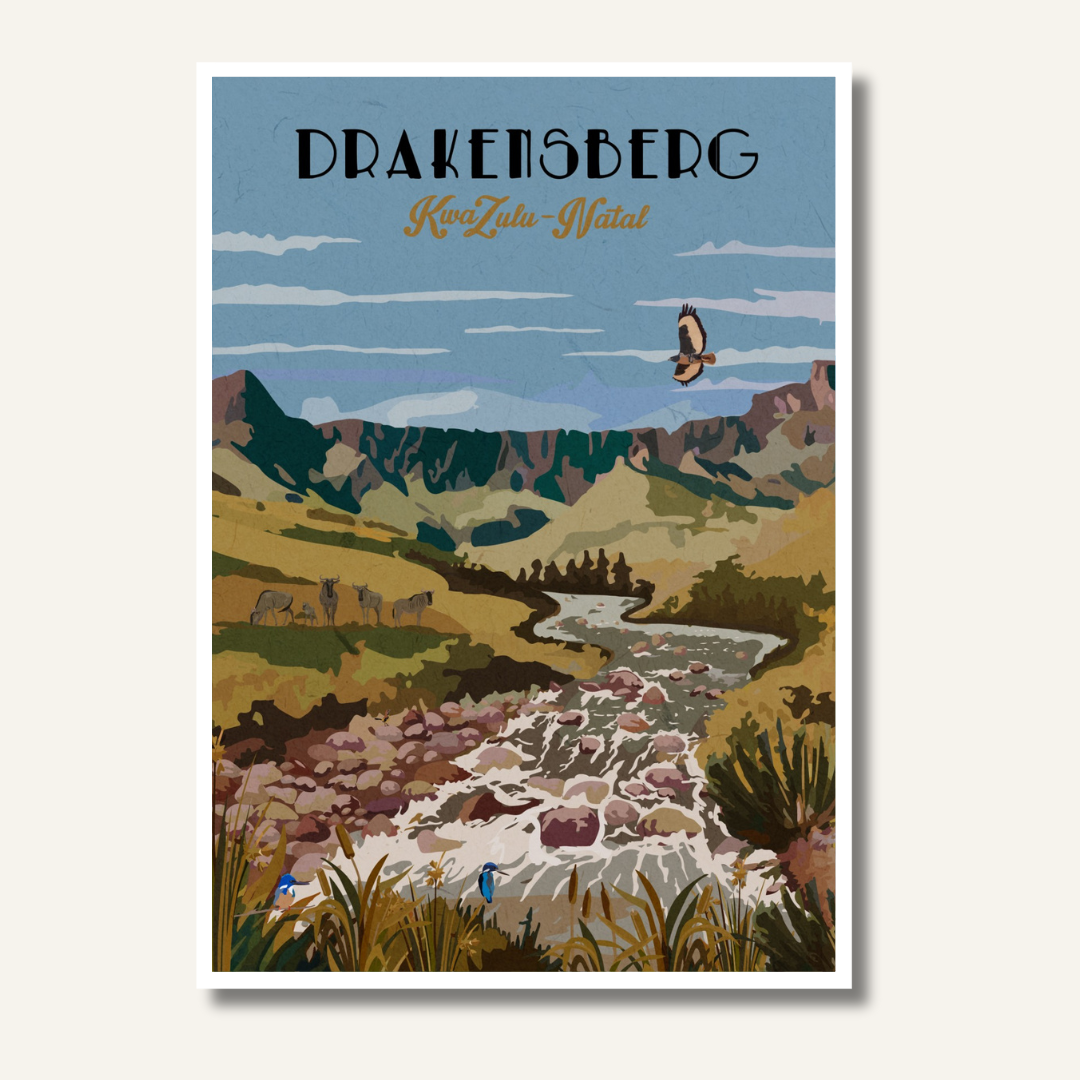 Illustrated Drakensberg poster artwork featuring the Amphitheatre in autumn – South African mountain landscape wall art, perfect for nature-inspired home decor, travel art collectors, hikers, and outdoor adventure lovers.