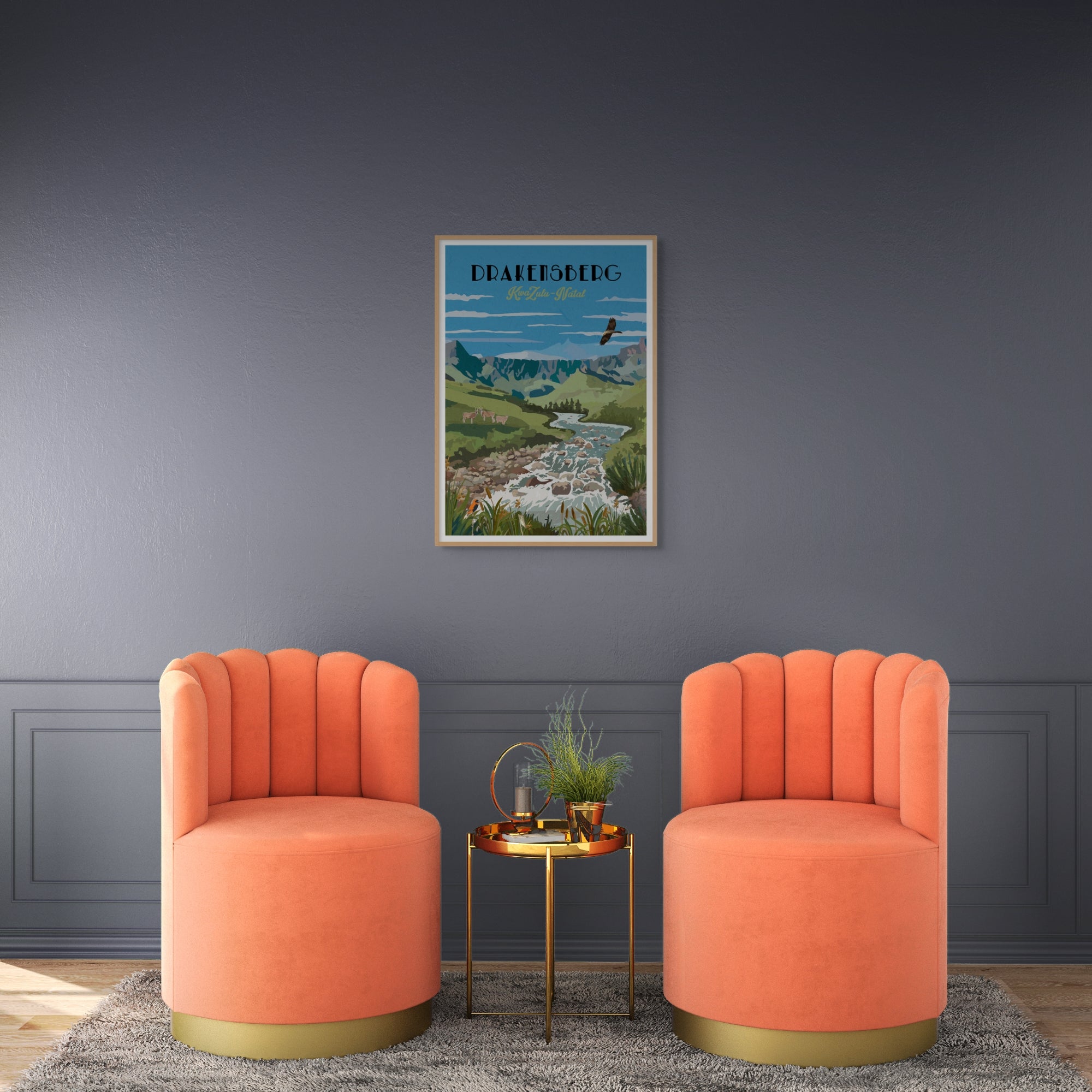 Illustrated Drakensberg summer poster artwork showcasing lush green mountains and dramatic cliffs – South African landscape wall art perfect for home decor, travel enthusiasts, hikers, and mountain adventure lovers.