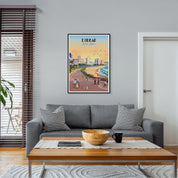 Illustrated Durban Beachfront poster artwork featuring South Africa’s tropical coastline, palm trees, and ocean views – vibrant wall art perfect for beach lovers, coastal home decor, and travel-inspired interiors.