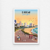 Illustrated Durban Beachfront poster artwork featuring South Africa’s tropical coastline, palm trees, and ocean views – vibrant wall art perfect for beach lovers, coastal home decor, and travel-inspired interiors.