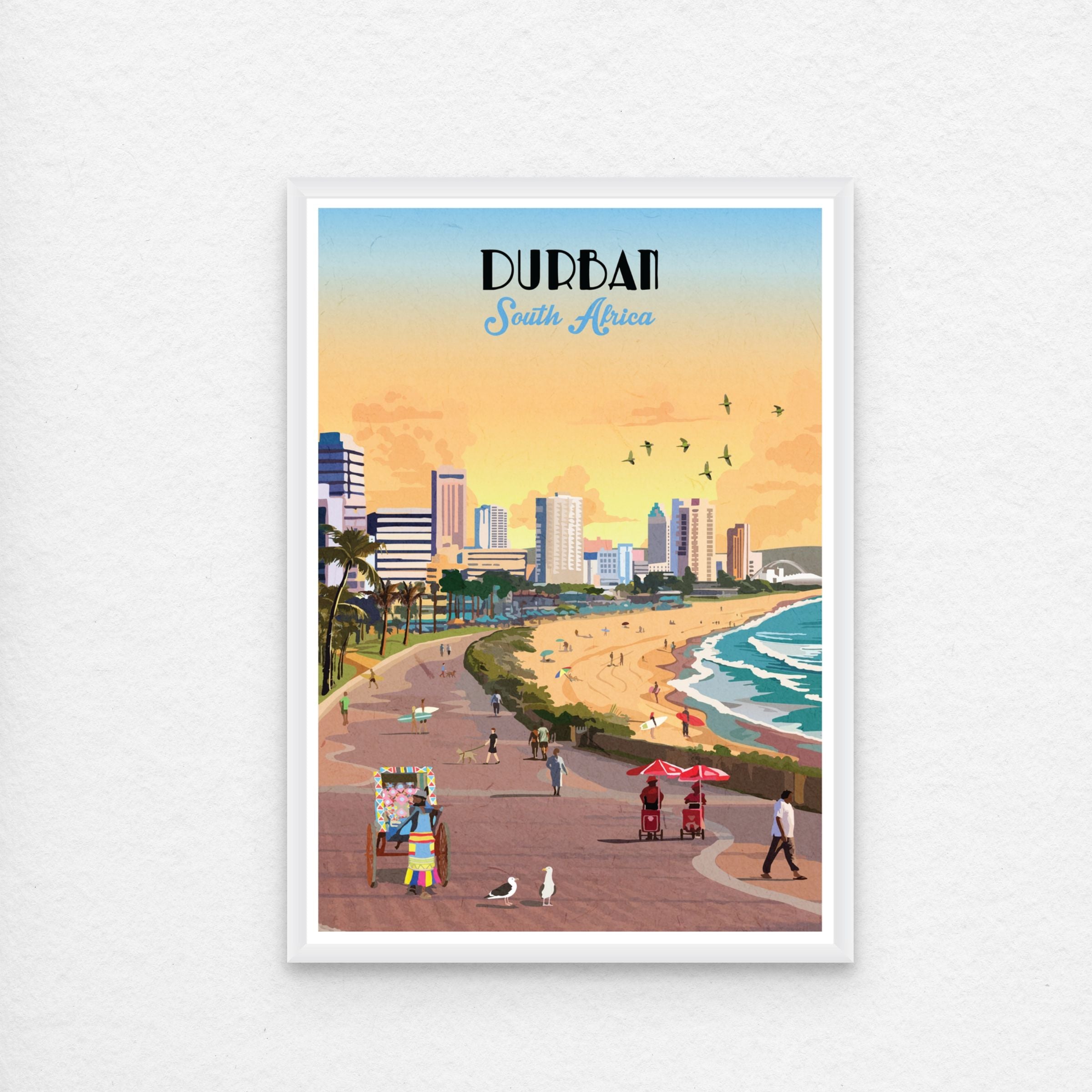 Illustrated Durban Beachfront poster artwork featuring South Africa’s tropical coastline, palm trees, and ocean views – vibrant wall art perfect for beach lovers, coastal home decor, and travel-inspired interiors.