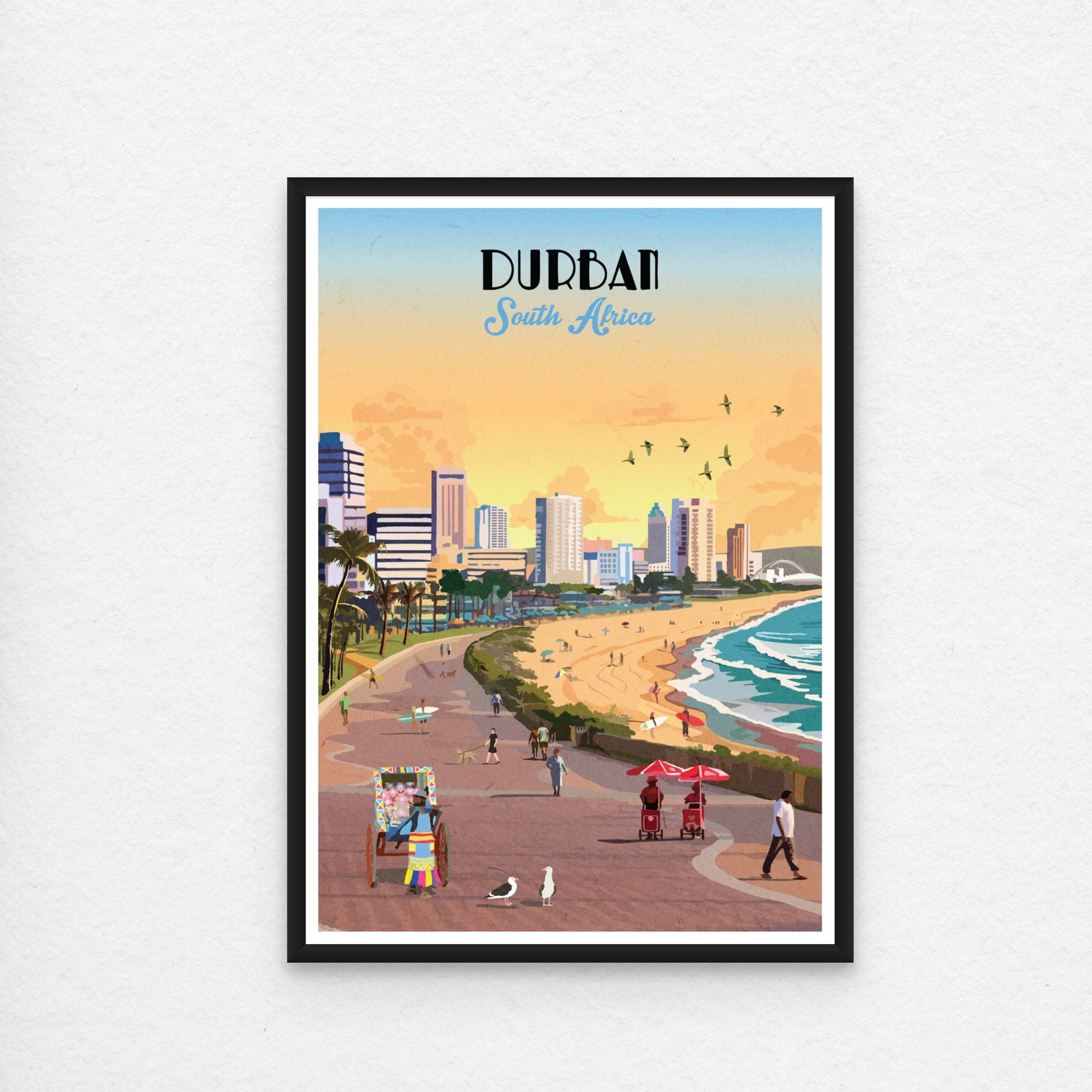Illustrated Durban Beachfront poster artwork featuring South Africa’s tropical coastline, palm trees, and ocean views – vibrant wall art perfect for beach lovers, coastal home decor, and travel-inspired interiors.