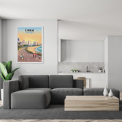 Illustrated Durban Beachfront poster artwork featuring South Africa’s tropical coastline, palm trees, and ocean views – vibrant wall art perfect for beach lovers, coastal home decor, and travel-inspired interiors.