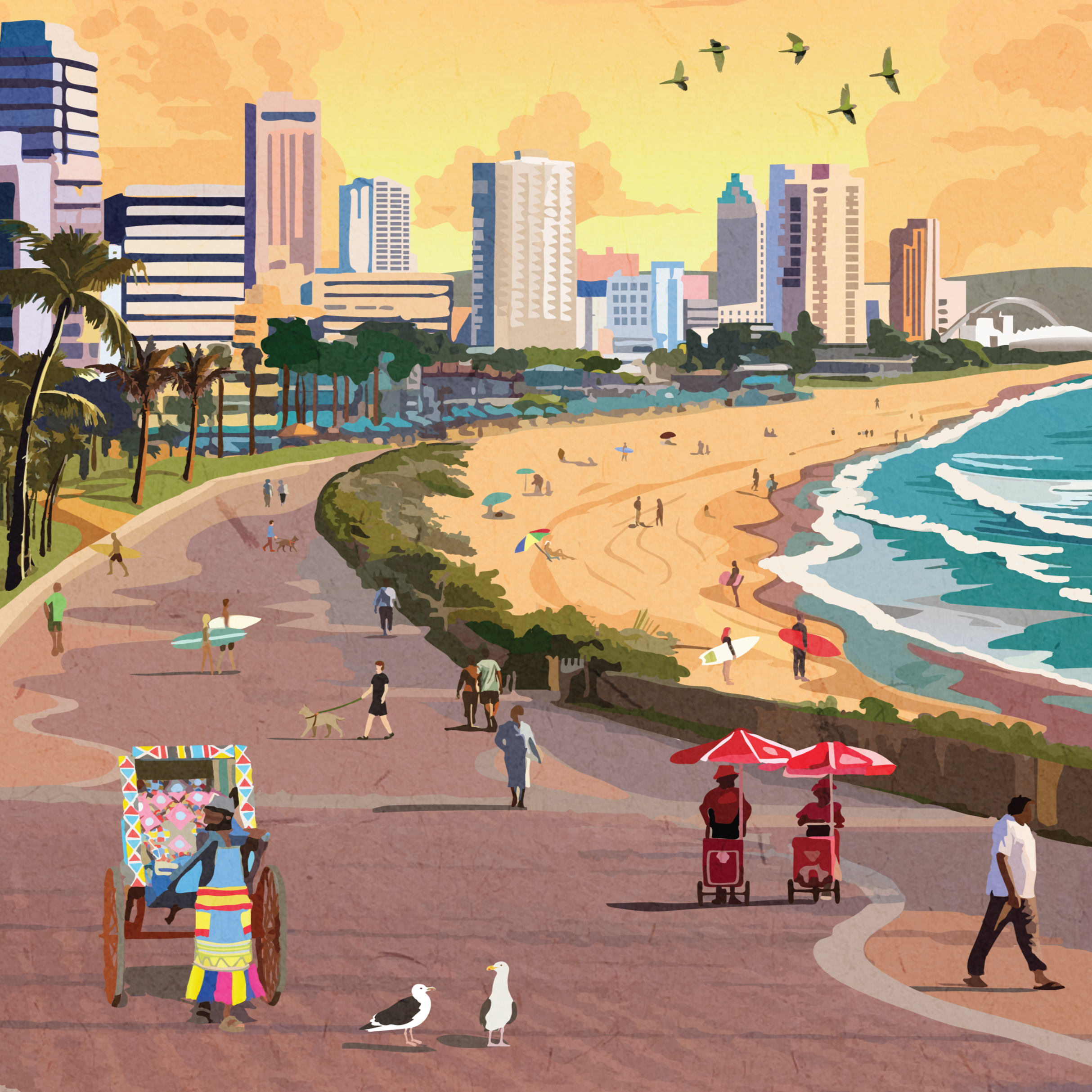 Illustrated Durban Beachfront poster artwork featuring South Africa’s tropical coastline, palm trees, and ocean views – vibrant wall art perfect for beach lovers, coastal home decor, and travel-inspired interiors.