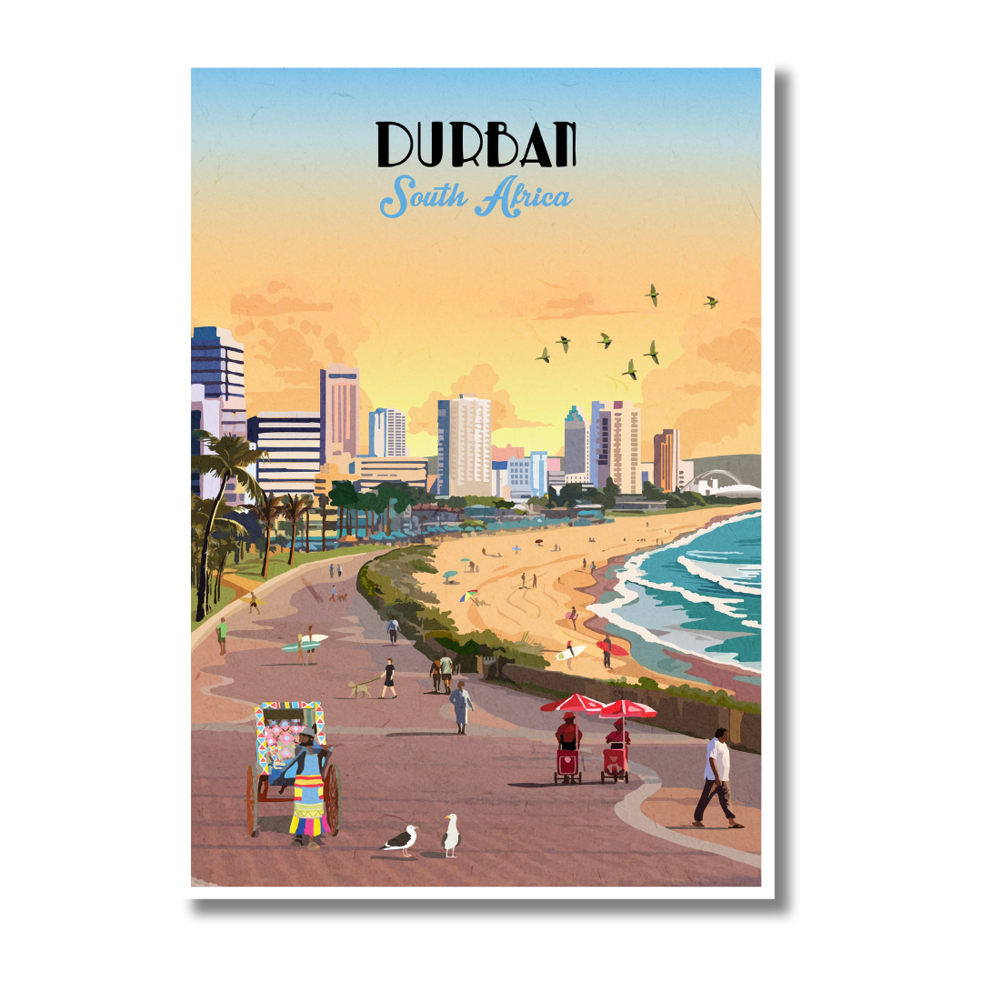 Illustrated Durban Beachfront poster artwork featuring South Africa’s tropical coastline, palm trees, and ocean views – vibrant wall art perfect for beach lovers, coastal home decor, and travel-inspired interiors.