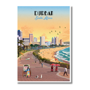 Illustrated Durban Beachfront poster artwork featuring South Africa’s tropical coastline, palm trees, and ocean views – vibrant wall art perfect for beach lovers, coastal home decor, and travel-inspired interiors.