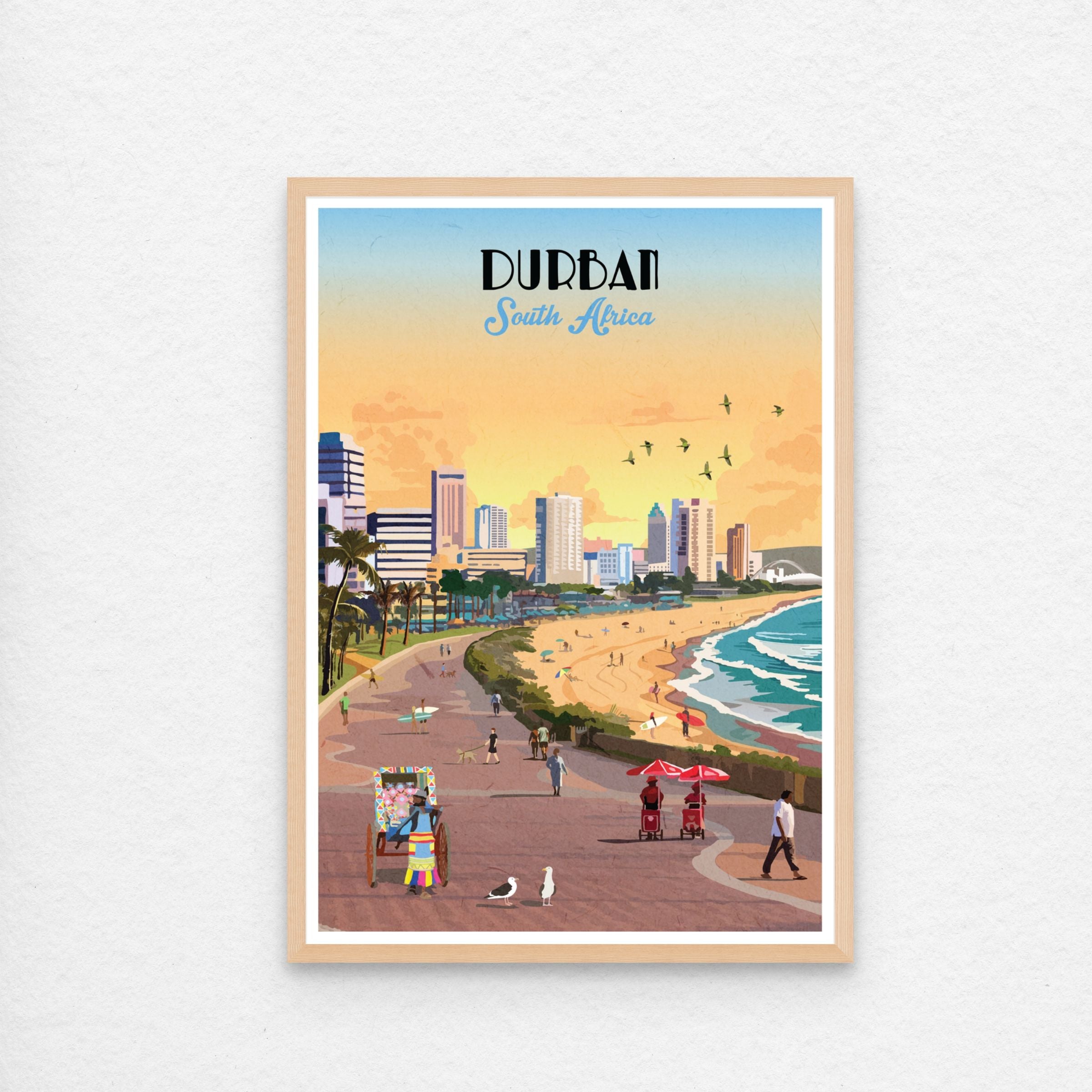 Illustrated Durban Beachfront poster artwork featuring South Africa’s tropical coastline, palm trees, and ocean views – vibrant wall art perfect for beach lovers, coastal home decor, and travel-inspired interiors.