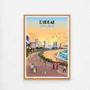 Illustrated Durban Beachfront poster artwork featuring South Africa’s tropical coastline, palm trees, and ocean views – vibrant wall art perfect for beach lovers, coastal home decor, and travel-inspired interiors.