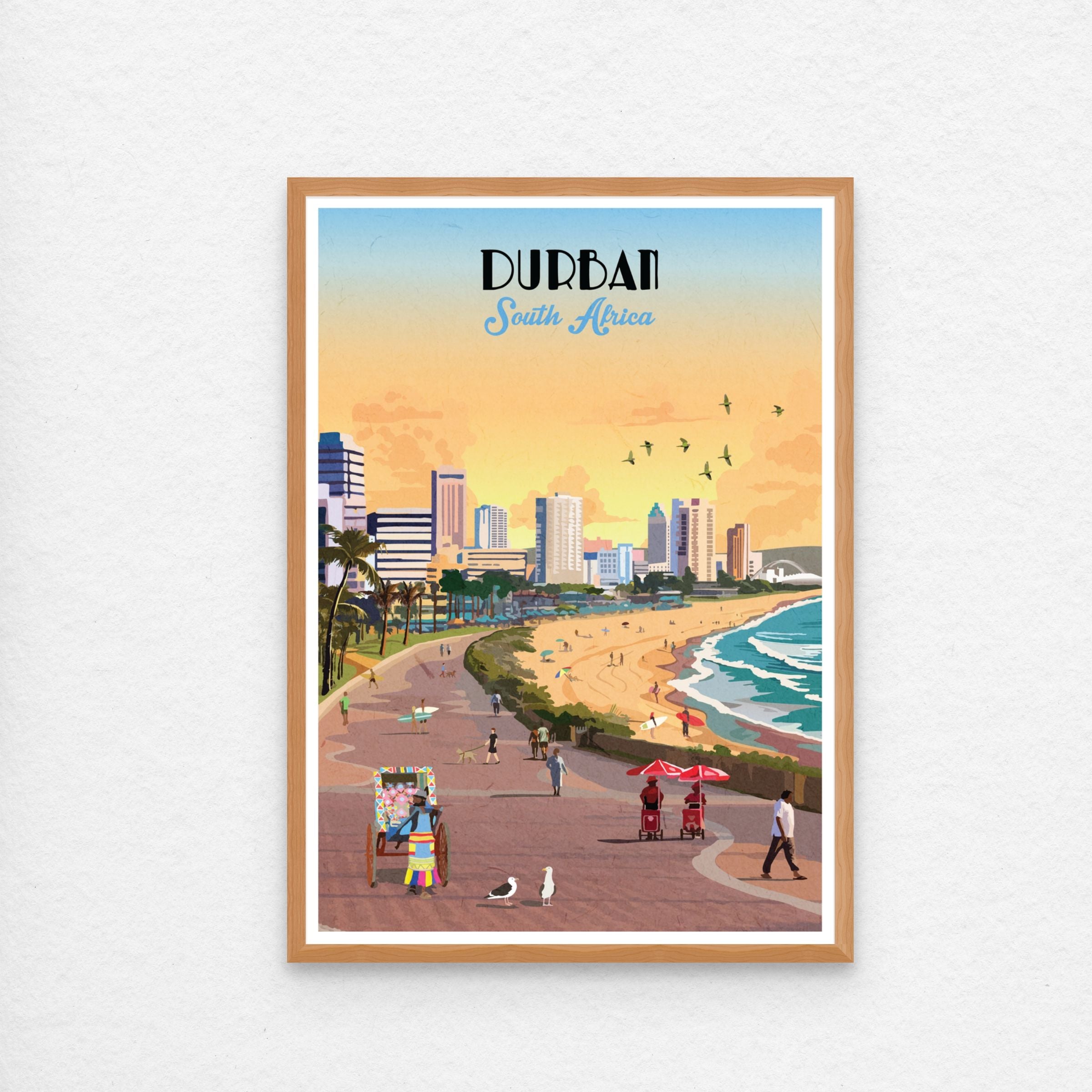 Illustrated Durban Beachfront poster artwork featuring South Africa’s tropical coastline, palm trees, and ocean views – vibrant wall art perfect for beach lovers, coastal home decor, and travel-inspired interiors.