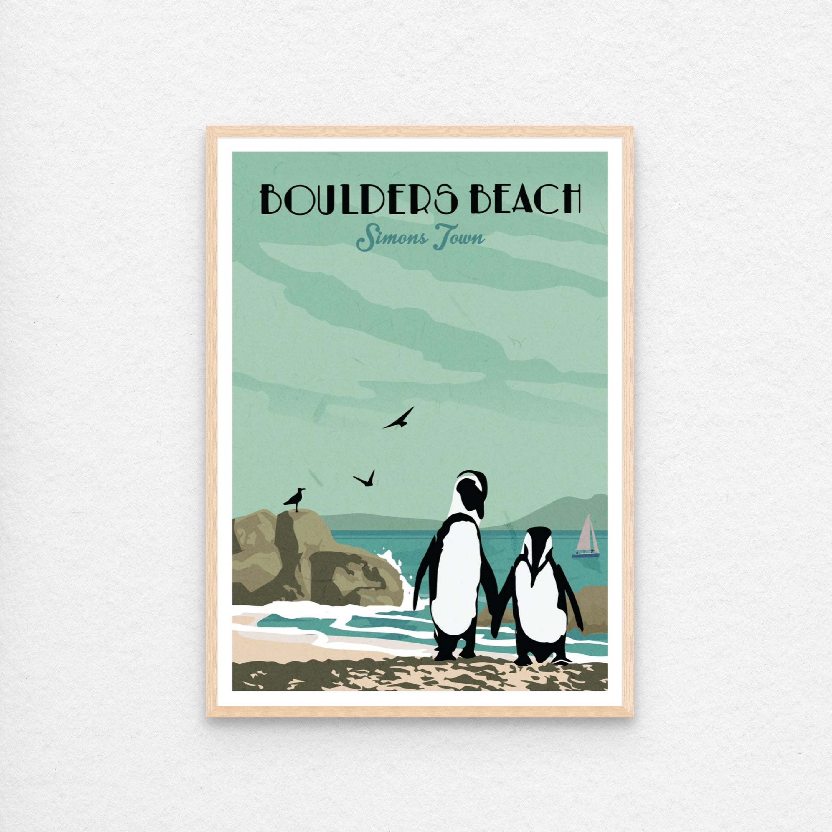 Boulders beach Simons Town Travel Poster Vintage Style Wall Art Decor With A natural wood frame