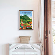 Kirstenbosch art print – illustrated botanical garden poster with mountain views and lush plants, ideal wall art for nature lovers and home decor.