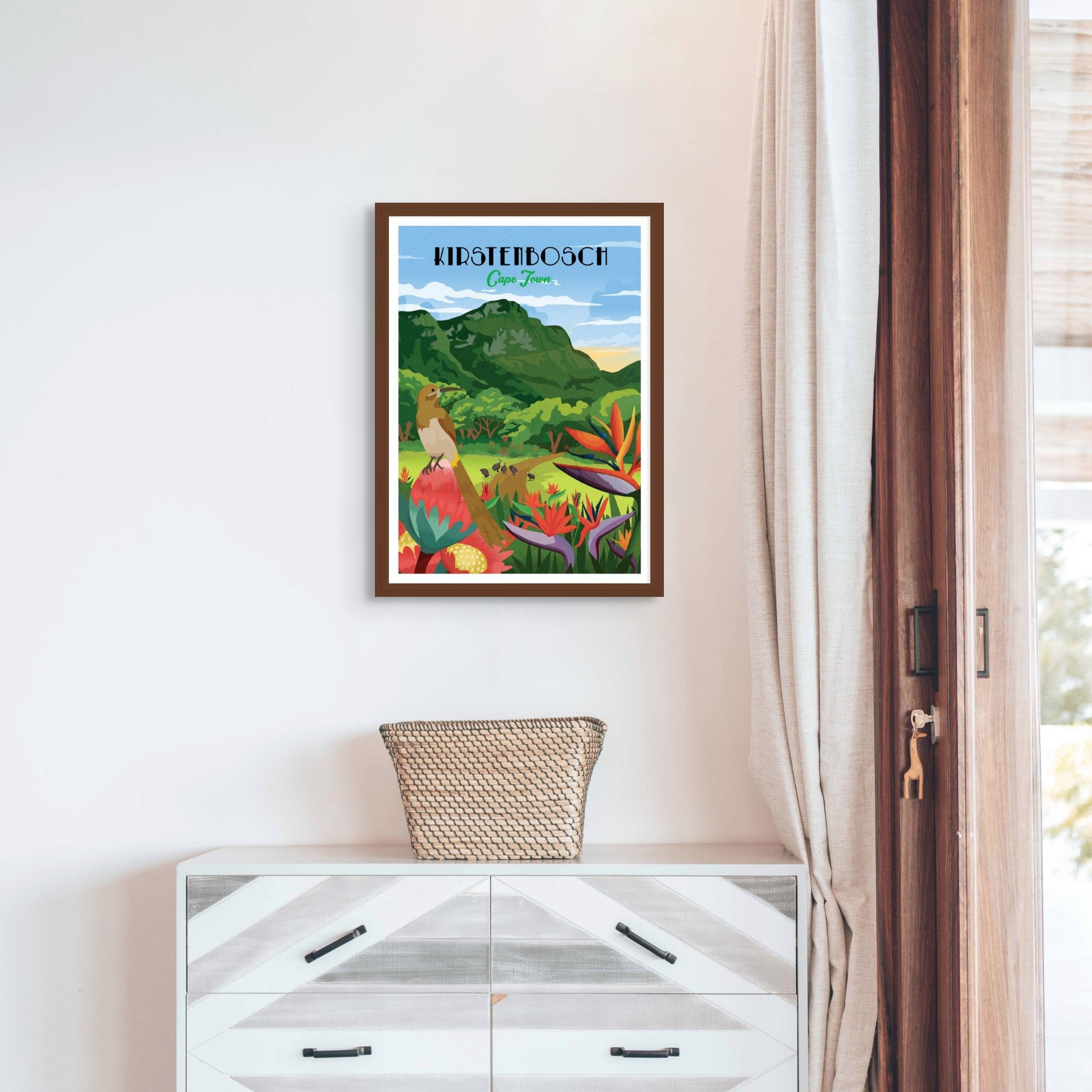 Kirstenbosch art print – illustrated botanical garden poster with mountain views and lush plants, ideal wall art for nature lovers and home decor.