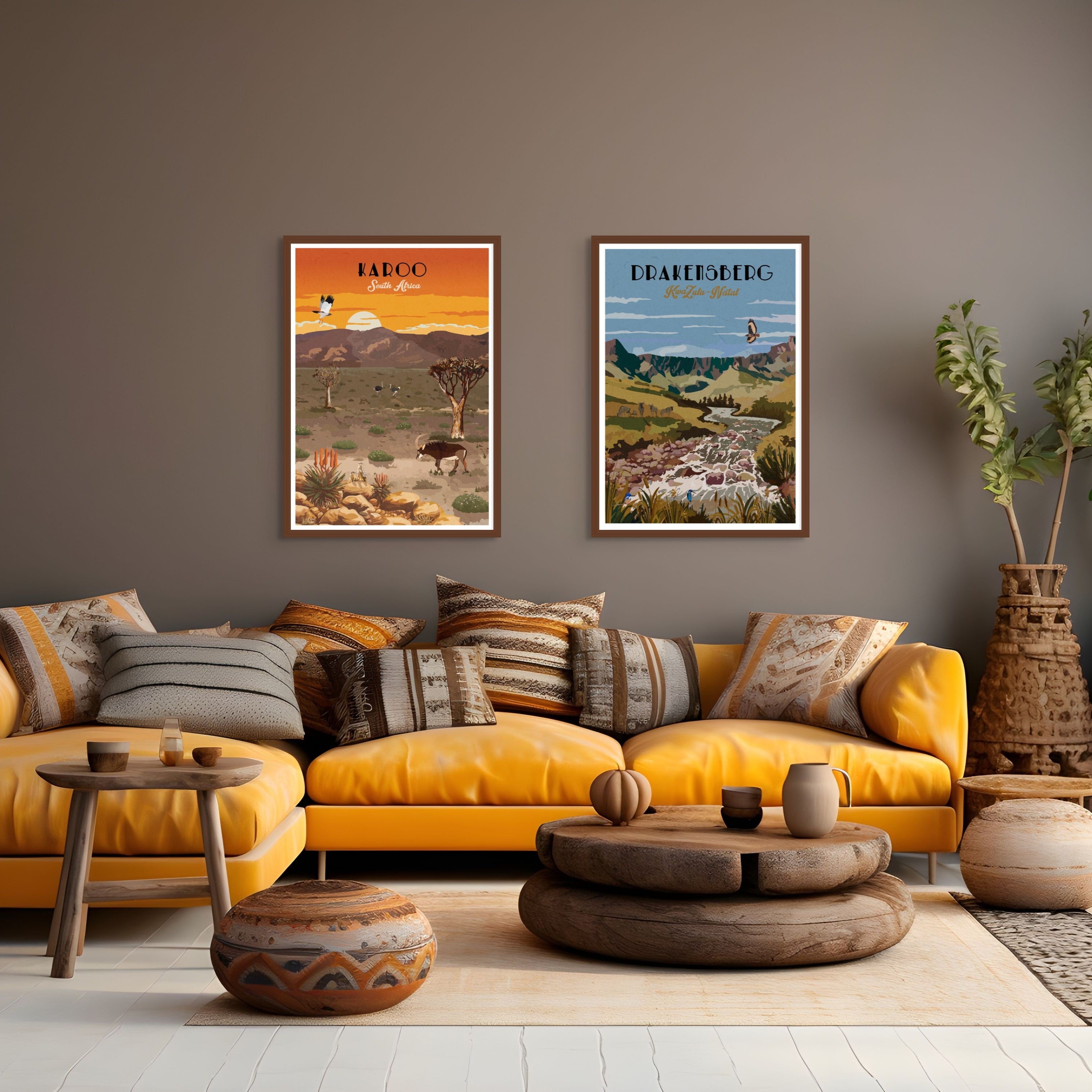 Illustrated Drakensberg poster artwork featuring the Amphitheatre in autumn – South African mountain landscape wall art, perfect for nature-inspired home decor, travel art collectors, hikers, and outdoor adventure lovers.