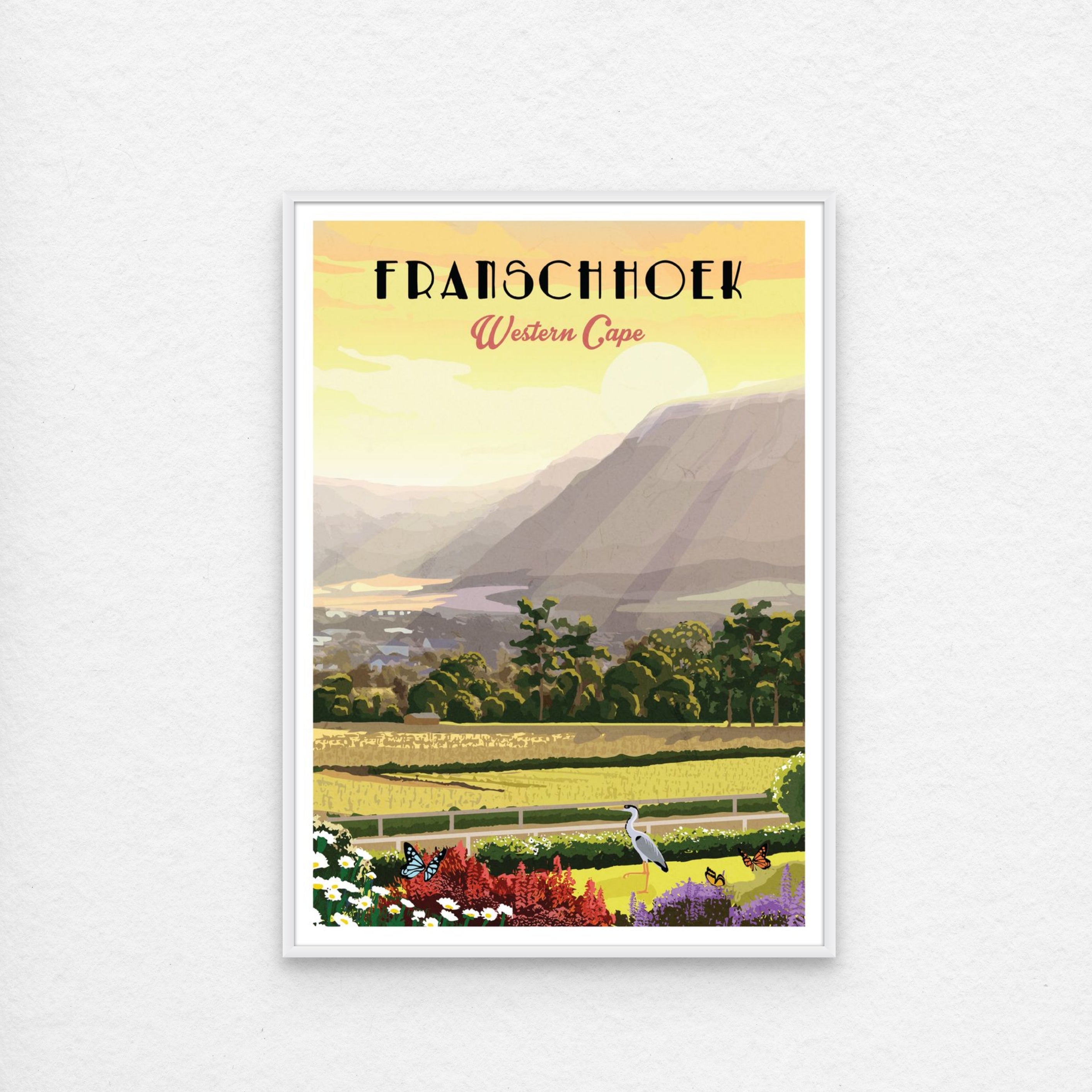 Franschhoek white framed poster. Illustrated Franschhoek travel poster featuring South African vineyards, mountain scenery, and Cape Winelands charm – elegant wall art perfect for home decor, wine lovers, and travel art collectors